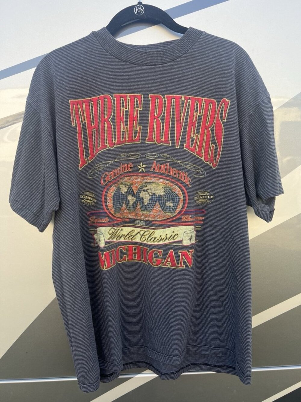 Vintage 90s Miller black single stitch striped Three Rivers Michigan tshirt L
